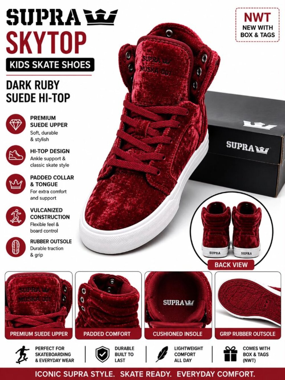NWB Supra Skytop Kids High Top Skate Shoes Dark Ruby Sneakers